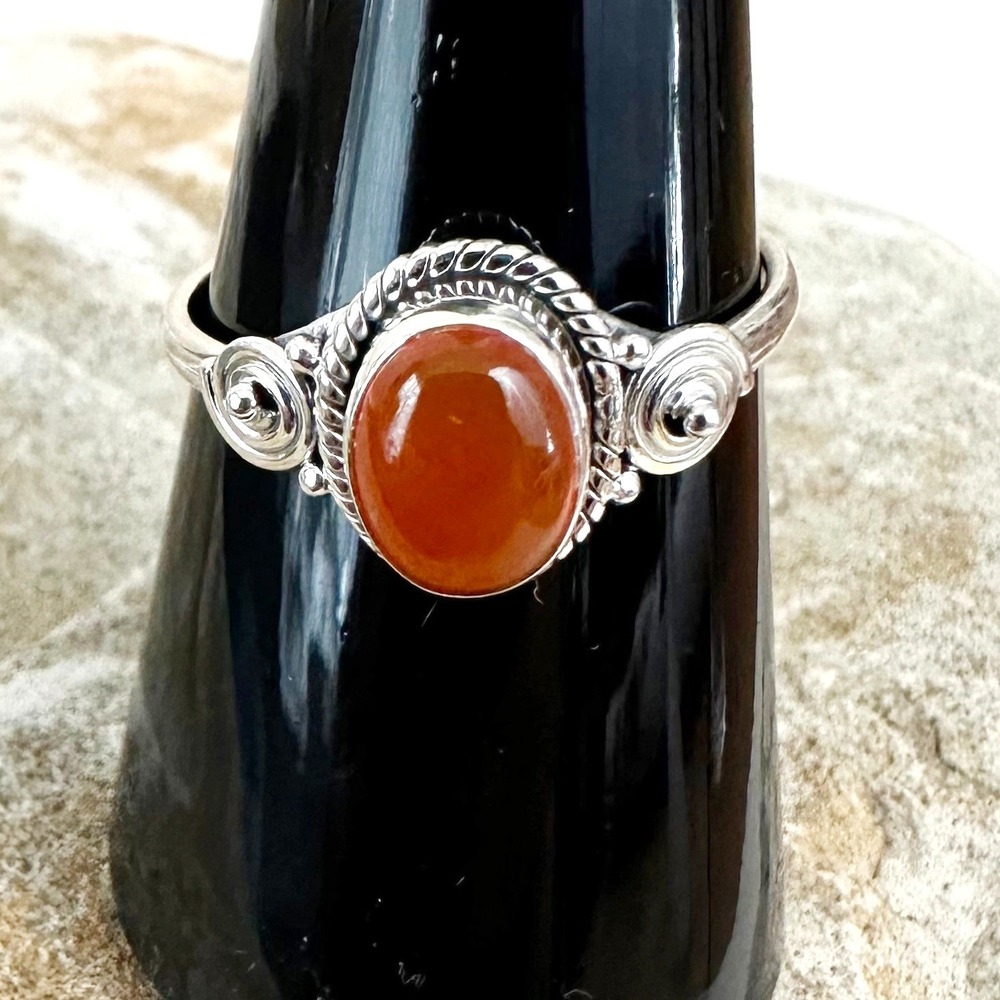 NEW Carnelian Cabochon Ring 8 Ornate Sterling Silver Spiral Leaf Design Orange - Picture 5 of 8